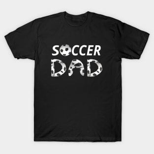 Soccer Dad. Soccer Ball and Black and White Soccer Patterned Letters (Black Background) T-Shirt